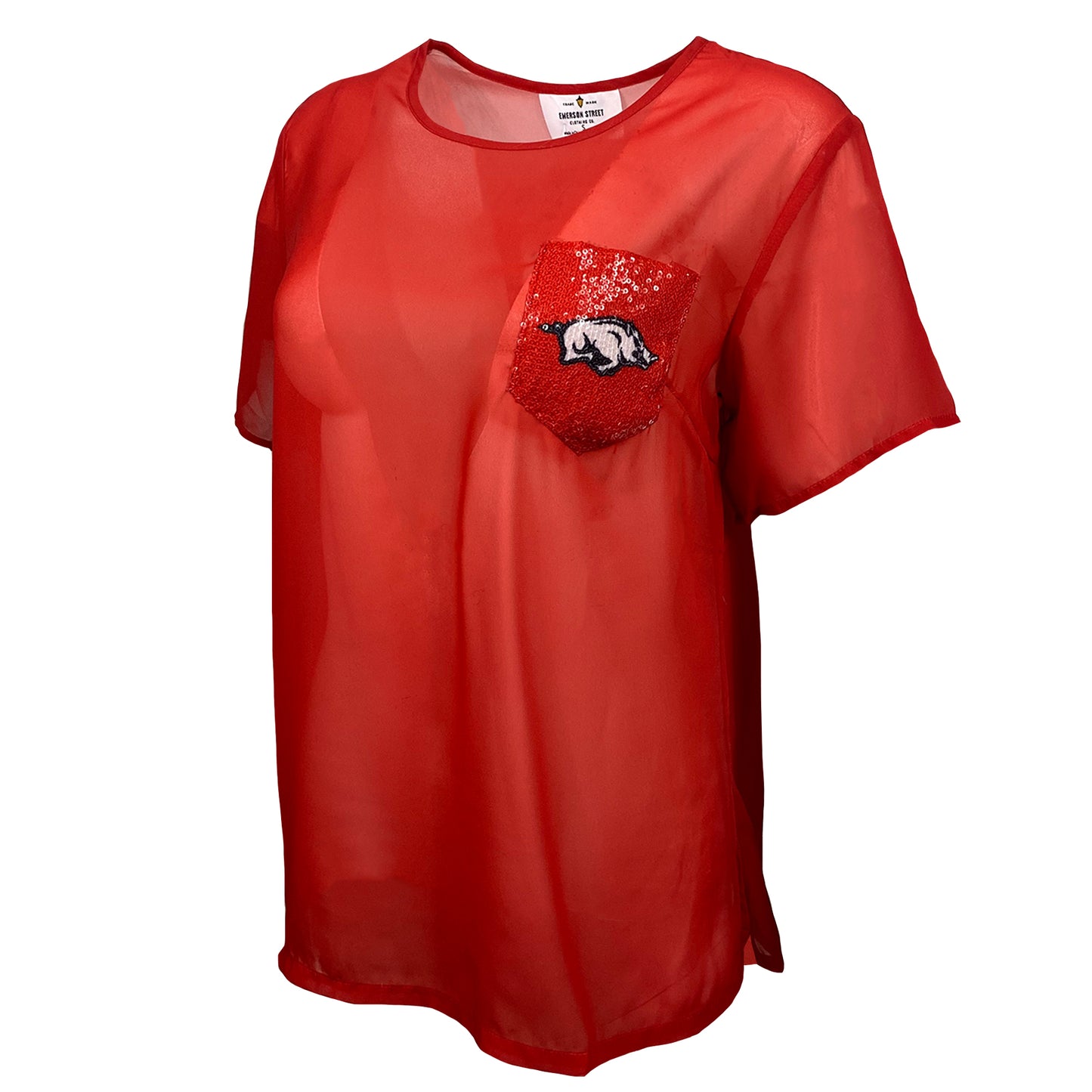 Arkansas Razorbacks Short Sleeve Sheer Top with Sequin Pocket