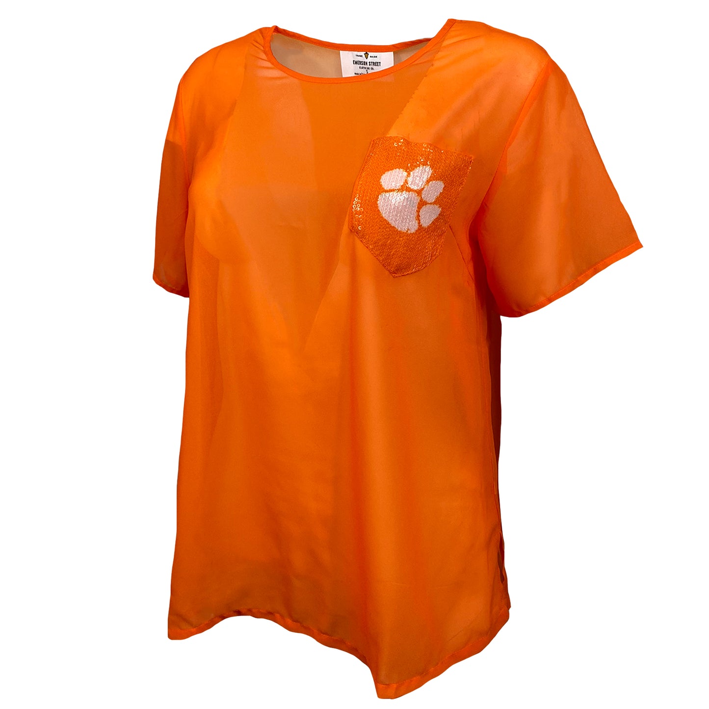 Clemson Tigers Short Sleeve Sheer Top with Sequin Pocket