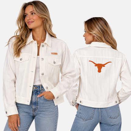 Texas Longhorns Embroidered Denim Jacket - Ivory