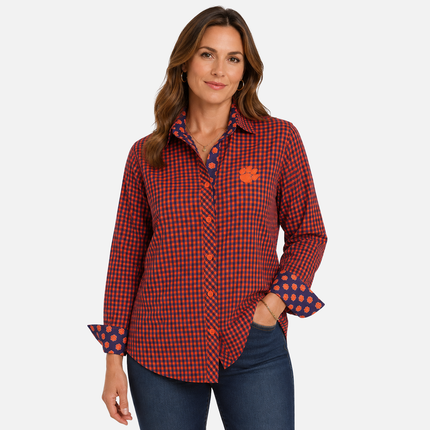 Clemson Tigers Gingham Button Down Blouse