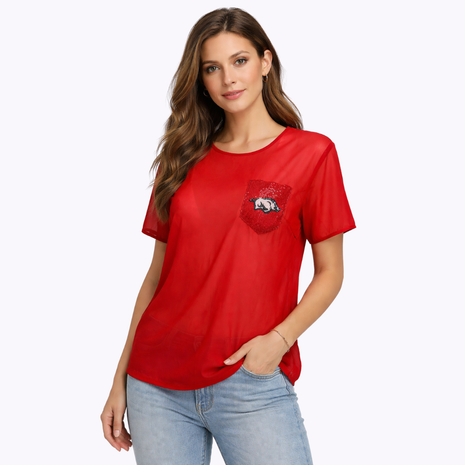 Arkansas Razorbacks Short Sleeve Sheer Top with Sequin Pocket