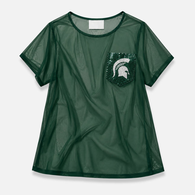 Michigan State Spartans Short Sleeve Sheer Top w/ Sequin Pocket