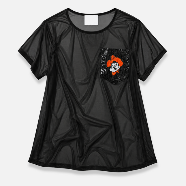 Oklahoma State Cowboys Short Sleeve Sheer Top with Sequin Pocket