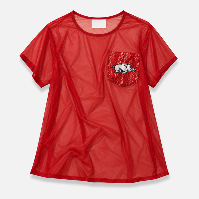 Arkansas Razorbacks Short Sleeve Sheer Top with Sequin Pocket