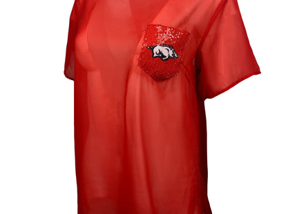 Arkansas Razorbacks Short Sleeve Sheer Top with Sequin Pocket