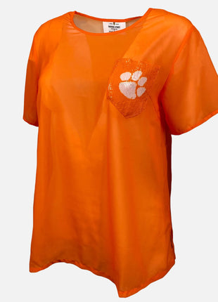 Clemson Tigers Short Sleeve Sheer Top with Sequin Pocket