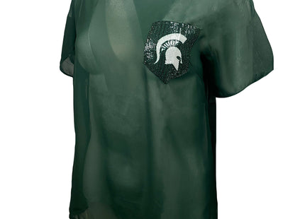 Michigan State Spartans Short Sleeve Sheer Top w/ Sequin Pocket