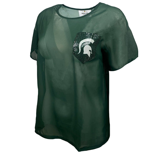 Michigan State Spartans Short Sleeve Sheer Top w/ Sequin Pocket