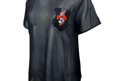 Oklahoma State Cowboys Short Sleeve Sheer Top with Sequin Pocket