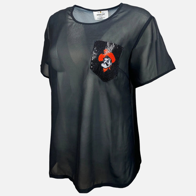 Oklahoma State Cowboys Short Sleeve Sheer Top with Sequin Pocket