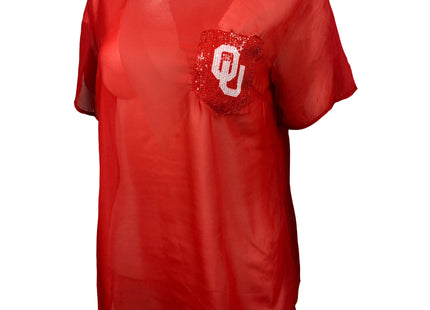 Oklahoma Sooners Sheer Top, With Sequin Pocket