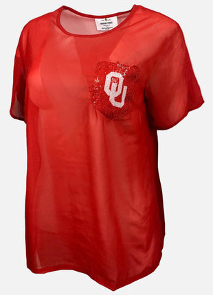 Oklahoma Sooners Sheer Top, With Sequin Pocket